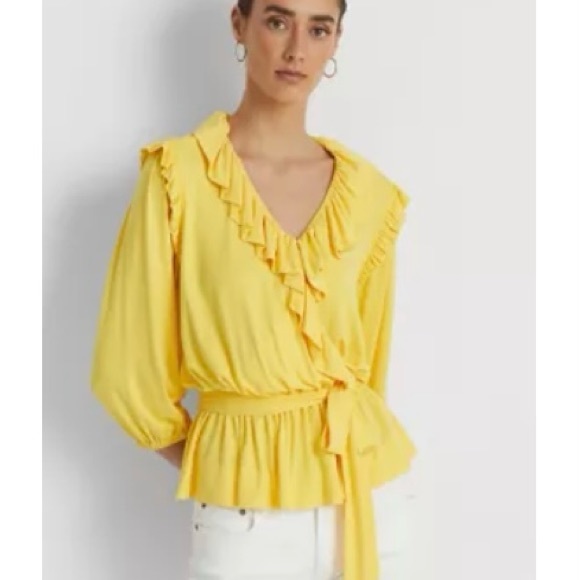 Ralph Lauren Yellow Jersey Peplum Top – Ruffle Neckline – Sash Tie – Size S - Picture 3 of 3
